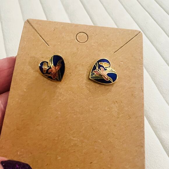 VINTAGE Set of 3 Earrings CLOISONE Small Heart, Shell, And Butterfly Post Back - Picture 4 of 7